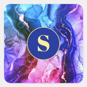 Blue, Purple & Red-Violet Liquid Ink, Monogram Square Sticker