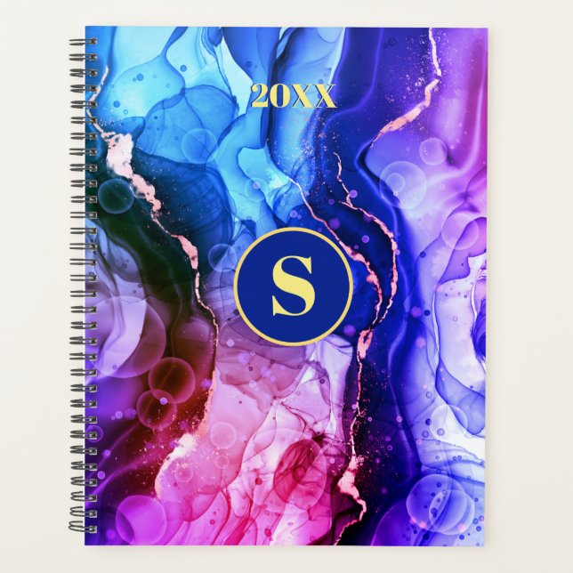 Blue Purple Red-Violet Liquid Ink, Monogram & Year Planner (Front)