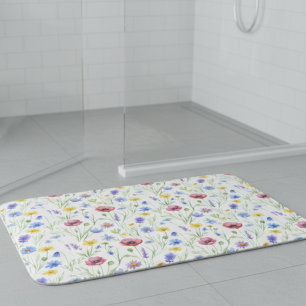 Blue Purple Red Watercolor Wildflower Bath Mat