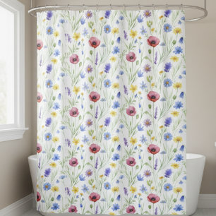 Blue Purple Red Watercolor Wildflower Shower Curtain