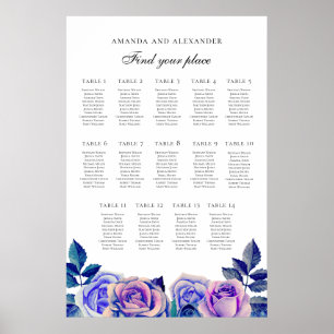 Blue purple roses. Wedding seating chart 14 tables
