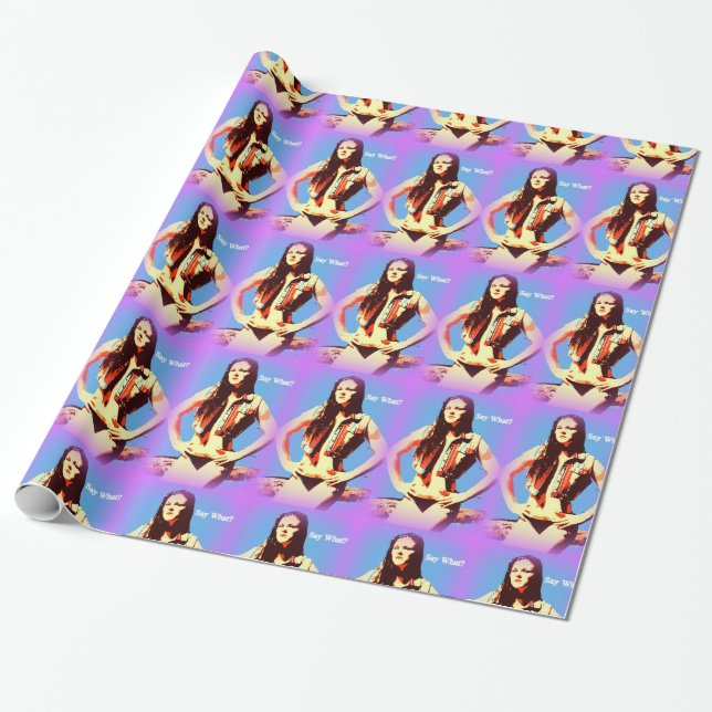 blue purple say what wrapping paper (Unrolled)
