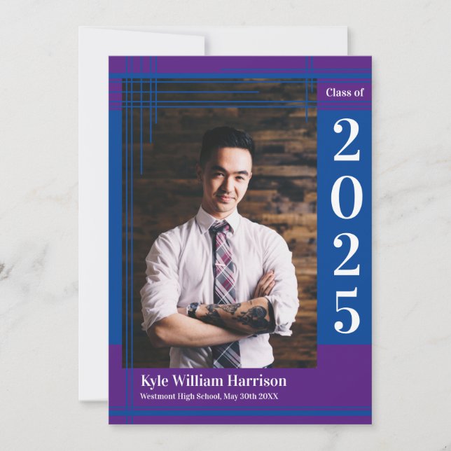 Blue Purple School Color Graduation Photo Plaid Invitation (Front)
