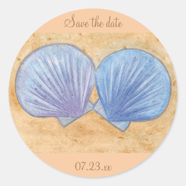Blue Purple Seashells Wedding Save date Stickers (Front)