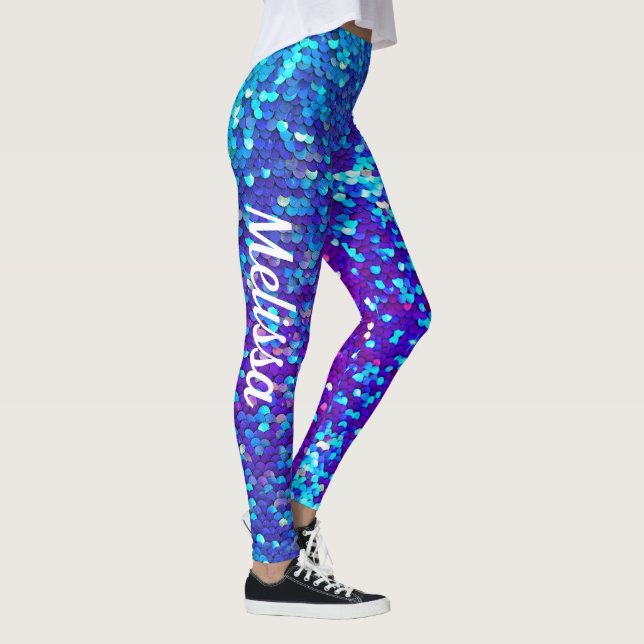 Blue Purple Sequin Print Mermaid Custom Name Leggings (Right)