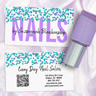 Blue Purple Sequins Large Text NAILS Custom Busine Business Card