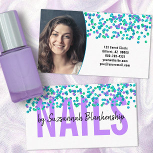 Blue Purple Sequins Large Text NAILS Custom Business Card