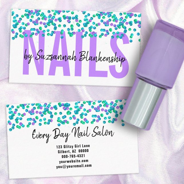Blue Purple Sequins Large Text NAILS Custom Business Card (Creator Uploaded)