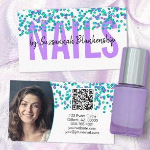 Blue Purple Sequins Large Text NAILS QR Code Busin Business Card
