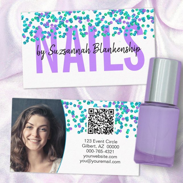 Blue Purple Sequins Large Text NAILS QR Code Busin Business Card (Creator Uploaded)