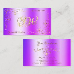 Blue Purple Shimmery Gold Ornate Corners Initials Business Card