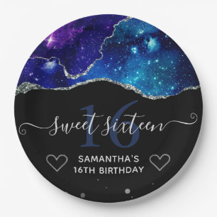 Blue & Purple Silver Glitter Galaxy Agate Sweet 16 Paper Plate