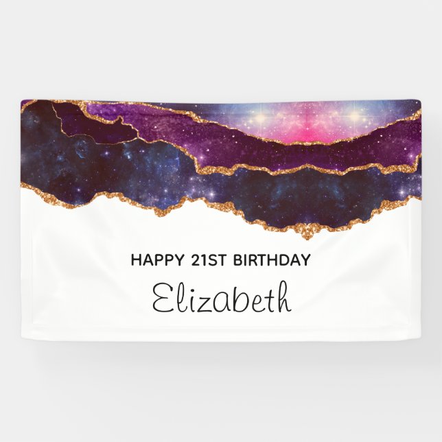 Blue & Purple Space & Stars Modern Agate Birthday Banner (Horizontal)
