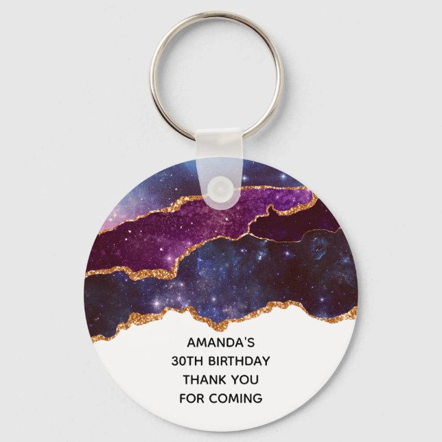 Blue & Purple Space & Stars Modern Agate Birthday Key Ring (Front)