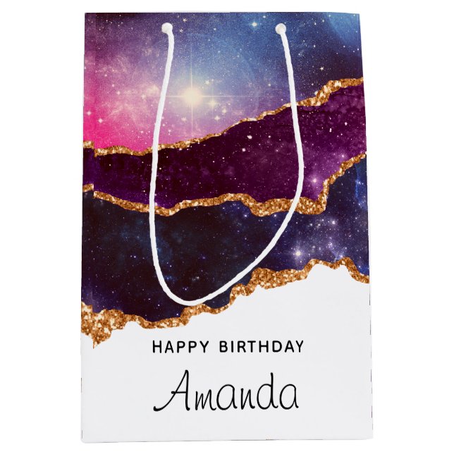 Blue & Purple Space & Stars Modern Agate Birthday Medium Gift Bag (Front)