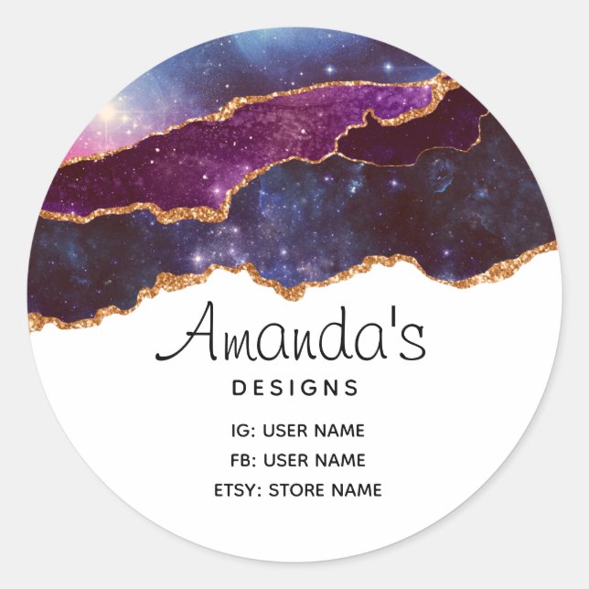 Blue & Purple Space & Stars Modern Agate Business Classic Round Sticker (Front)