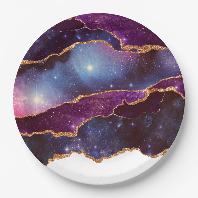 Blue & Purple Space & Stars Modern Agate Paper Plate (Front)