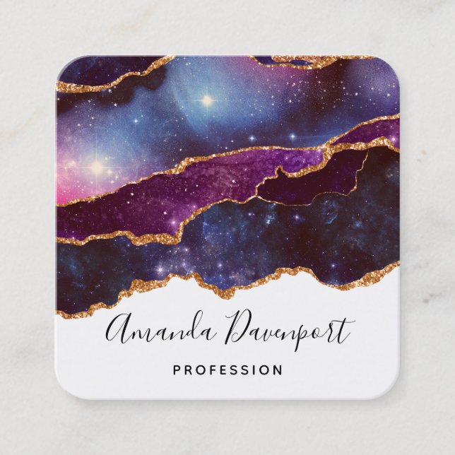 Blue & Purple Space & Stars Modern Agate Square Business Card (Front)