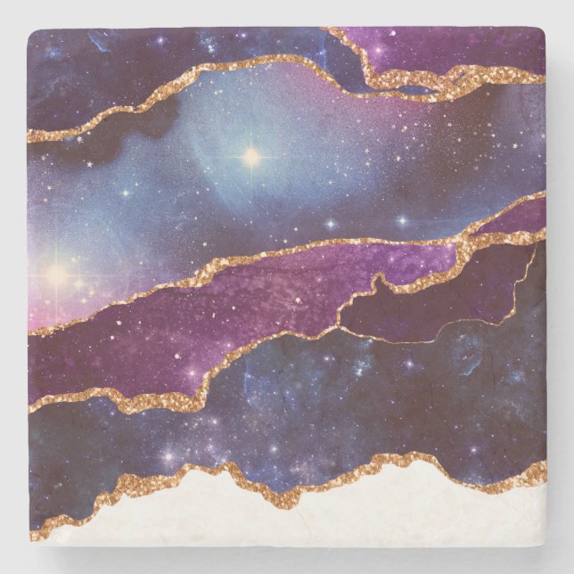 Blue & Purple Space & Stars Modern Agate Stone Coaster (Front)