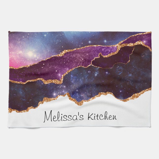 Blue & Purple Space & Stars Modern Agate Tea Towel (Horizontal)