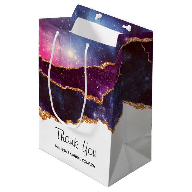 Blue & Purple Space & Stars Modern Agate Thank You Medium Gift Bag (Front Angled)