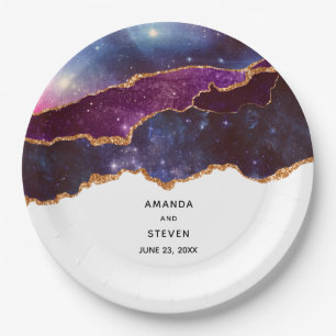 Blue & Purple Space & Stars Modern Agate Wedding Paper Plate