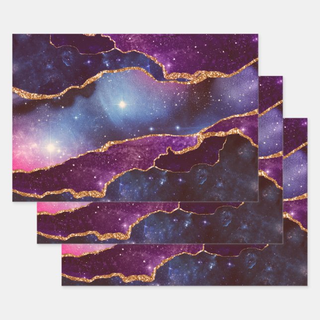 Blue & Purple Space & Stars Modern Agate Wrapping Paper Sheet (Set)