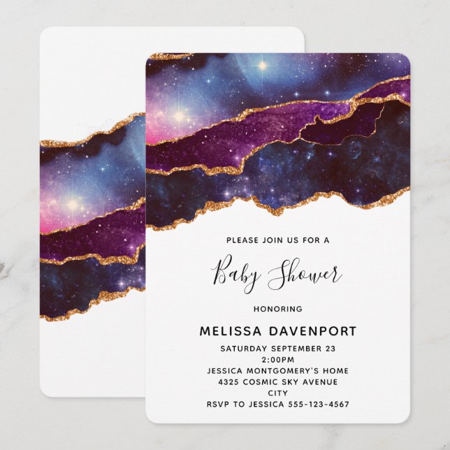 Blue & Purple Space & Stars Modern Baby Shower Invitation (Front/Back)