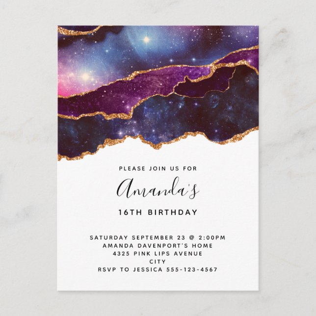 Blue & Purple Space & Stars Modern Birthday Invitation Postcard (Front)