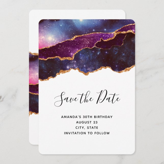 Blue & Purple Space & Stars Modern Birthday Save The Date (Front/Back)