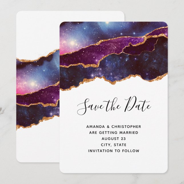 Blue & Purple Space & Stars Wedding Save The Date (Front/Back)