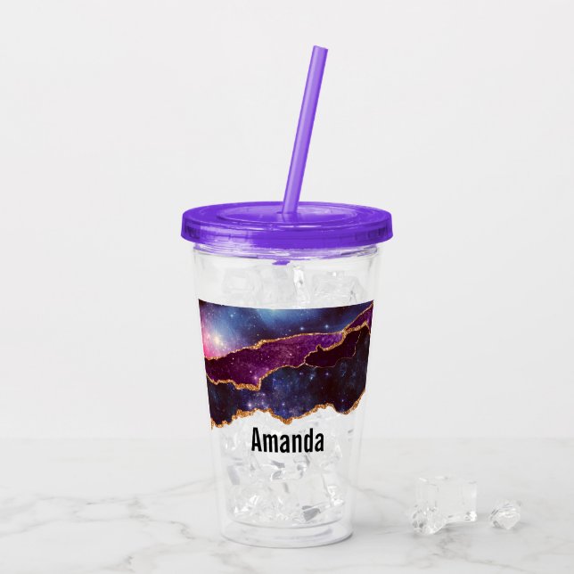 Blue & Purple Space & Stars with Gold Ribbon Acrylic Tumbler (Back Ice)