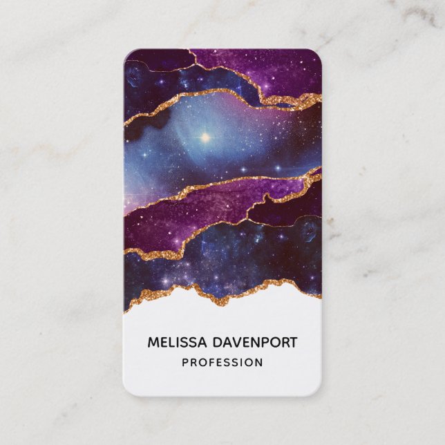 Blue & Purple Space & Stars with Gold Ribbon Business Card (Front)