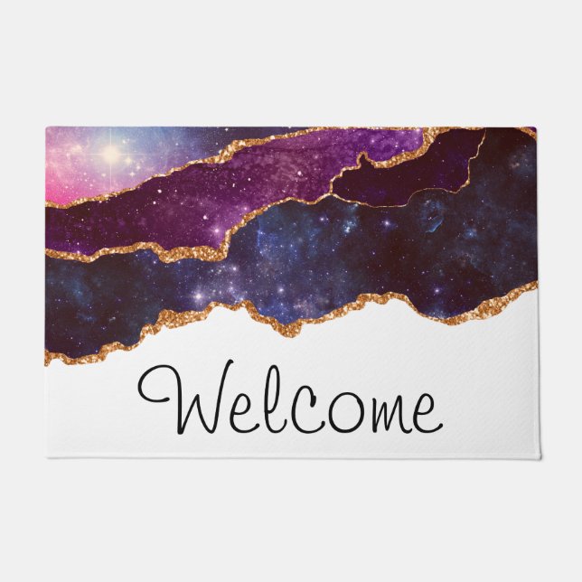 Blue & Purple Space & Stars with Gold Ribbon Doormat (Front)