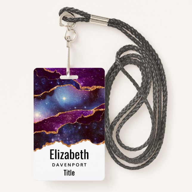 Blue & Purple Space & Stars with Gold Ribbon ID Badge (Front with Lanyard)