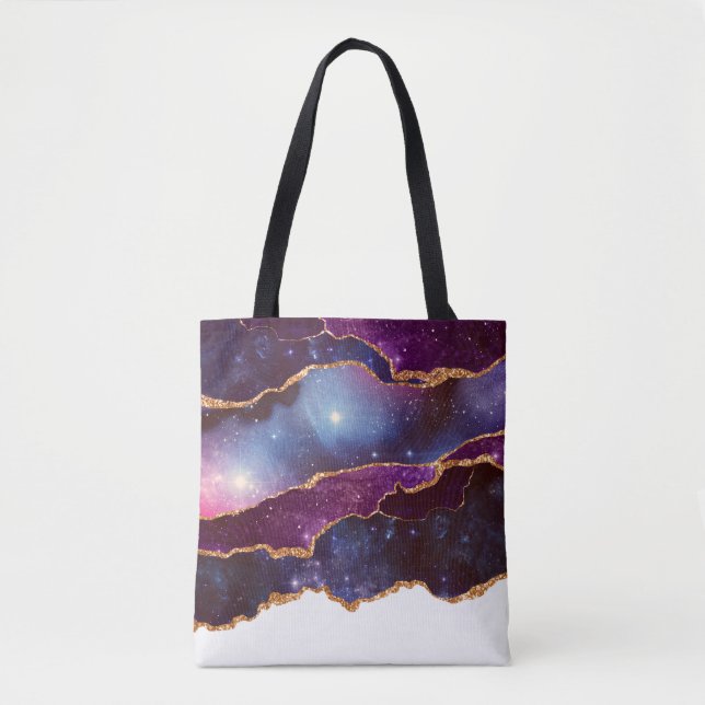 Blue & Purple Space & Stars with Gold Ribbon Tote Bag (Front)