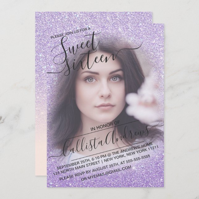 Blue Purple Sparkly Glitter Ombre Photo Sweet 16 Invitation (Front/Back)