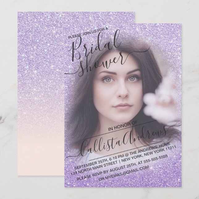 Blue Purple Sparkly Glitter Photo Bridal Shower Invitation (Front/Back)