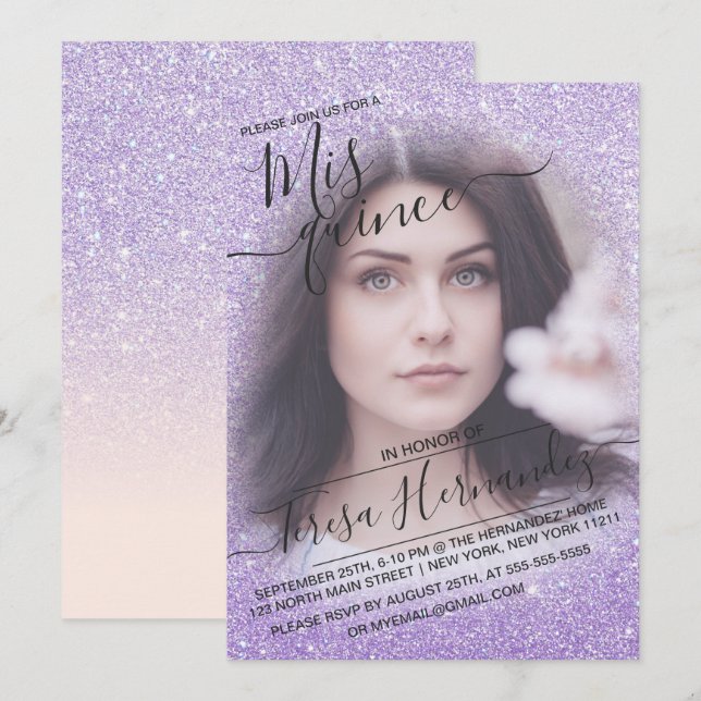Blue Purple Sparkly Glitter Photo Quinceañera Invitation (Front/Back)