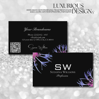 Blue Purple Star Flower Black Monogram and QR Code Business Card