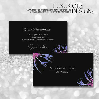 Blue Purple Star Flower on Black Chic Floral Business Card