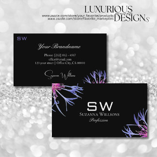 Blue Purple Star Flower on Black with Monogram Business Card