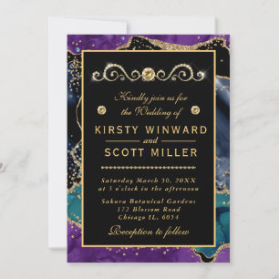 Blue Purple Teal Gold Glitter Agate Wedding Invitation