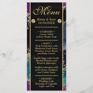 Blue Purple Teal Gold Glitter Agate Wedding Menu