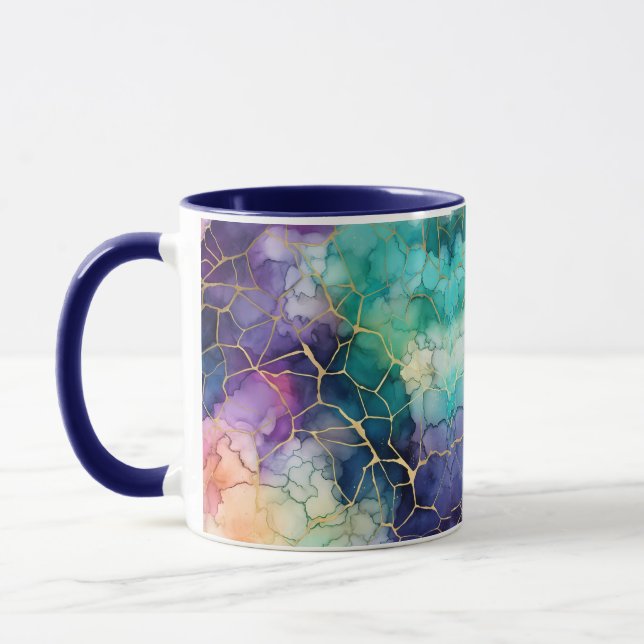 Blue Purple Turquoise Peach Alcohol & Ink Bubbles Mug (Left)