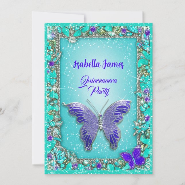 blue purple turquoise sparkling jewels Butterflies Invitation (Front)