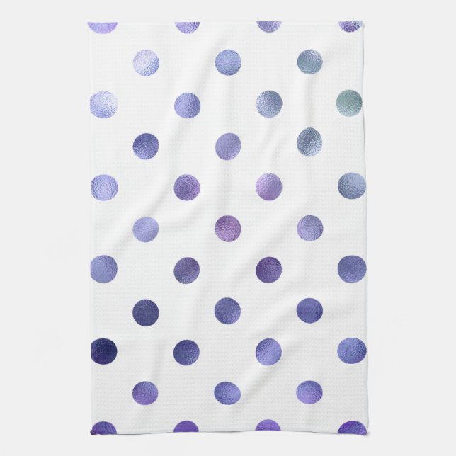 Blue Purple Violet Metallic Faux Foil Polka Dot Tea Towel (Vertical)