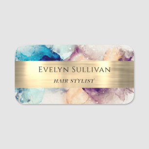 Blue Purple Watercolor and Gold Foil Name Tag