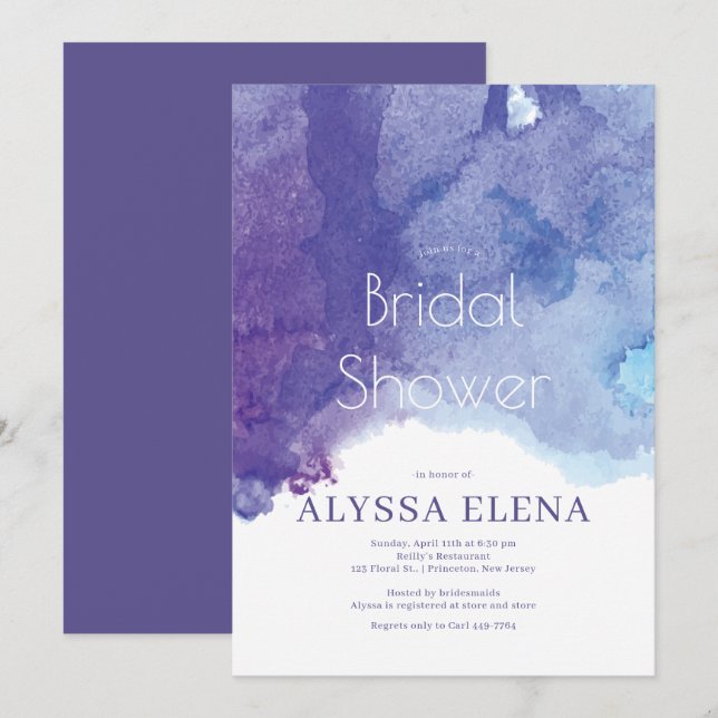 Blue Purple Watercolor Beach Bridal Shower © Invitation (Front/Back)