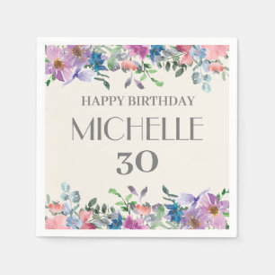 Blue Purple Watercolor Floral 30th Birthday Women Napkin